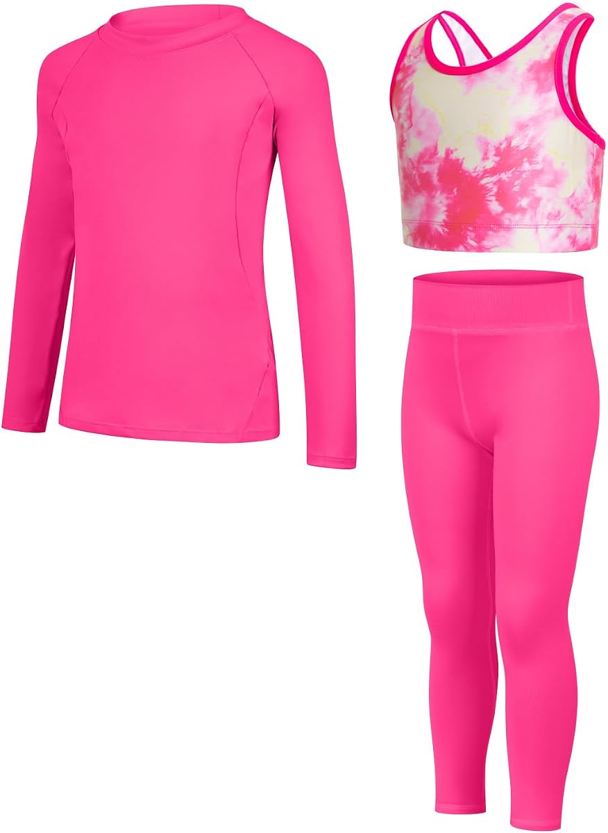 JiAmy Leggings de yoga para niñas, conjuntos de entrenamiento de 3 piezas, ropa deportiva para entrenamiento atlético | Conjunto de sujetadores de entrenamiento, camiseta sin mangas corta para gimnasio, leggings deportivos, conjunto de ropa deportiva para 11-12 años