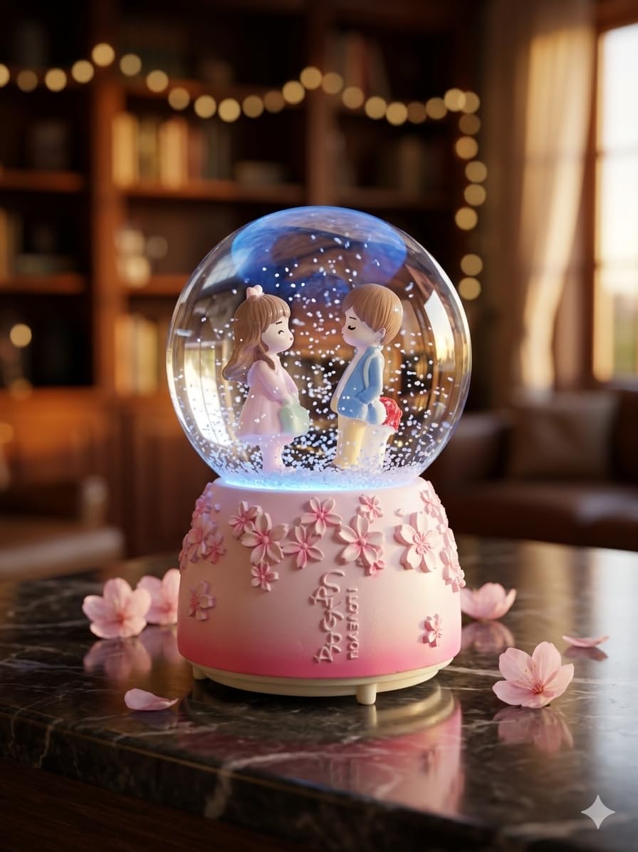 Romantic Couple Snow Globe Dome Light, Pink Floral Base, Crystal Ball with Glitter, Valentine Gift-image-47