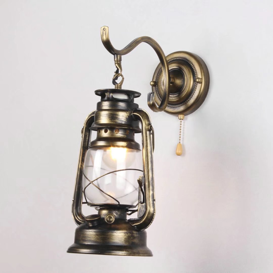 SYAXVOM Wall Lamp Retro Pull Chain Switch Lantern Kerosene Sconces,Metal Transparent Glass Lampshade