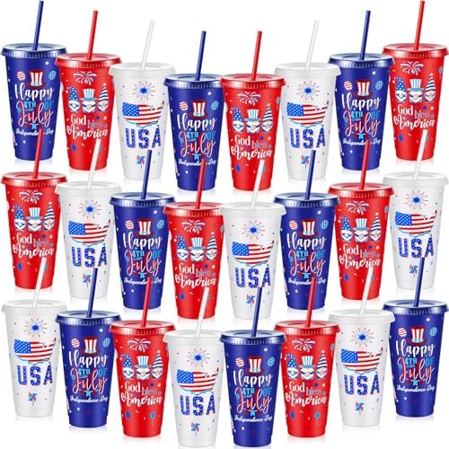 SiliFine 24 Pcs 4th of July Plastic Cups with Lids and