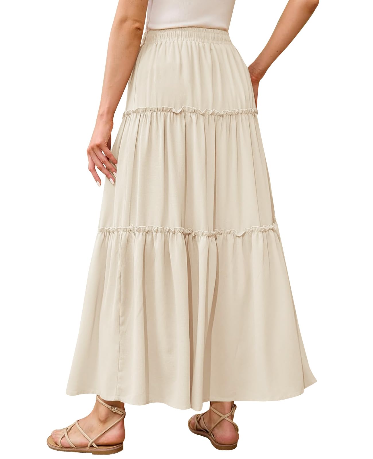 Genfien Jupe Femme Longue Maxi Plissée en Ligne A Bohême Tour de Taille Elastique Jupe avec Poches