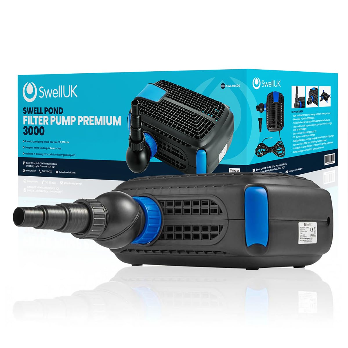Swell Uk Black Swell Premium 3,000Lph Pond Pump - Energy Efficient For Fish Ponds, 3-Year Guarantee