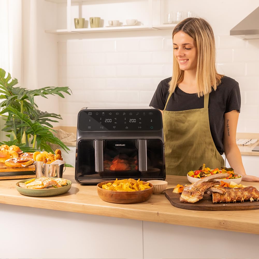 Cecotec Friggitrice ad Aria Cecofry Advance 9000 Window. Air Fryer 2200 W, Capacità 9 L, Dieta, Parete Divisoria Mobile 2 Cuvette 4,5 L, Doppia Temperatura 80-200 ° C, Finestra e Tecnologia Perfectcok