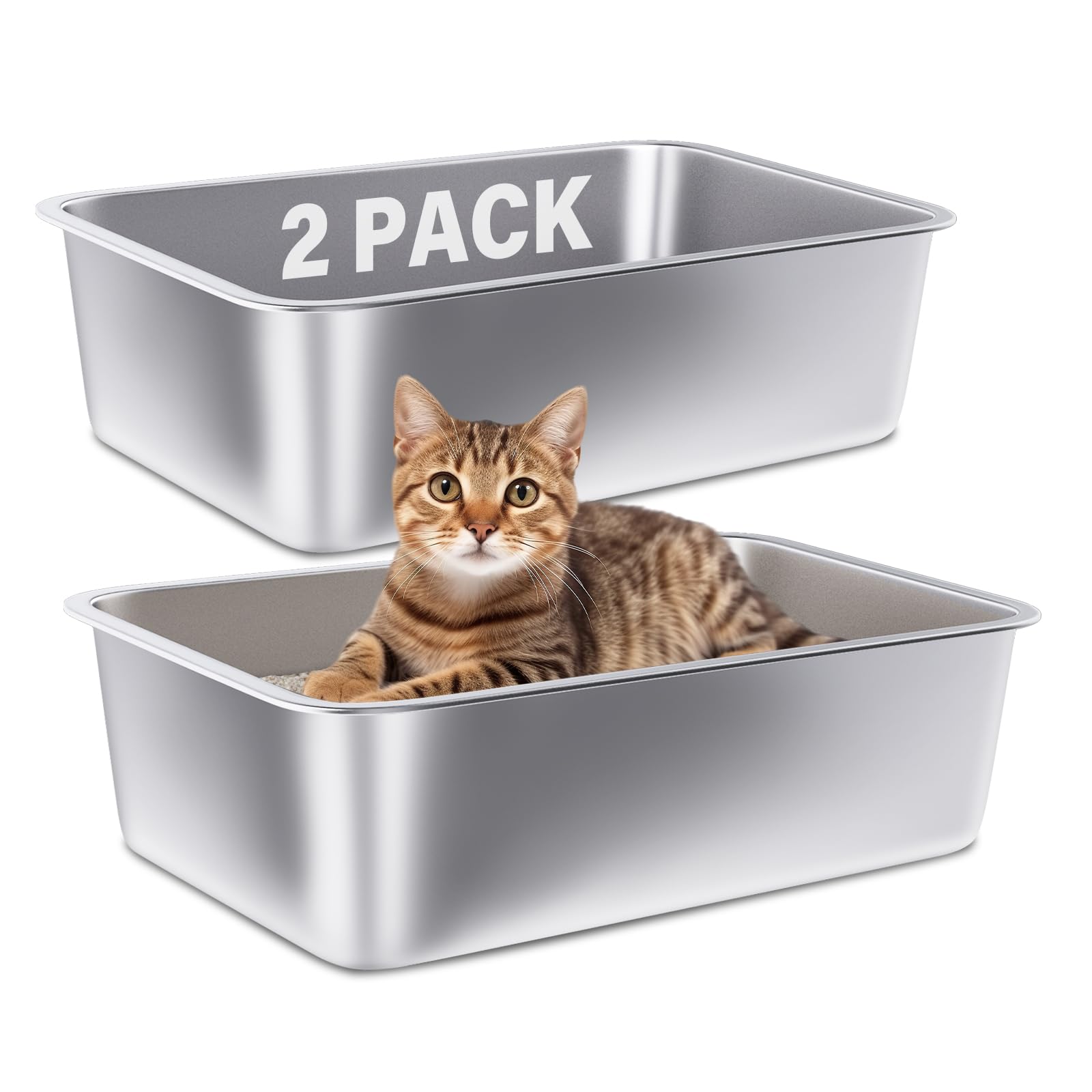FUTAM Stainless Steel Litter Box 2 Pack,Medium Metal Litter Box for Kitty/Cat/Rabbits, Easy to Clean, Non Stick Litterbox No Smell for Adult Cats โ image 1