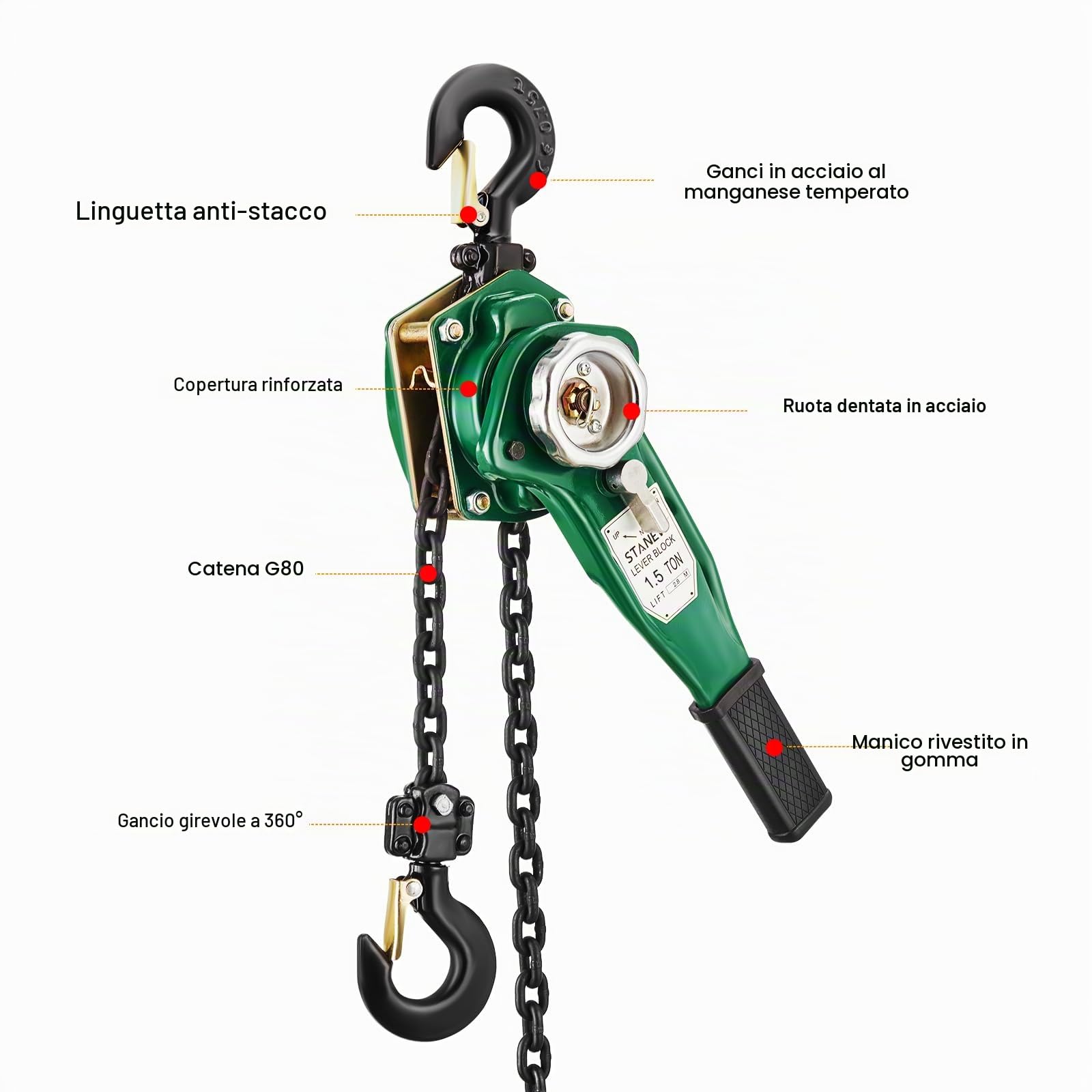 STANEW Paranco a Catena, Paranco a Leva Manuale Altezza di Sollevamento 2.8m, Capacità Max. da 1.5t, Catena in acciaio al carbonio G80, gancio girevole a 360°