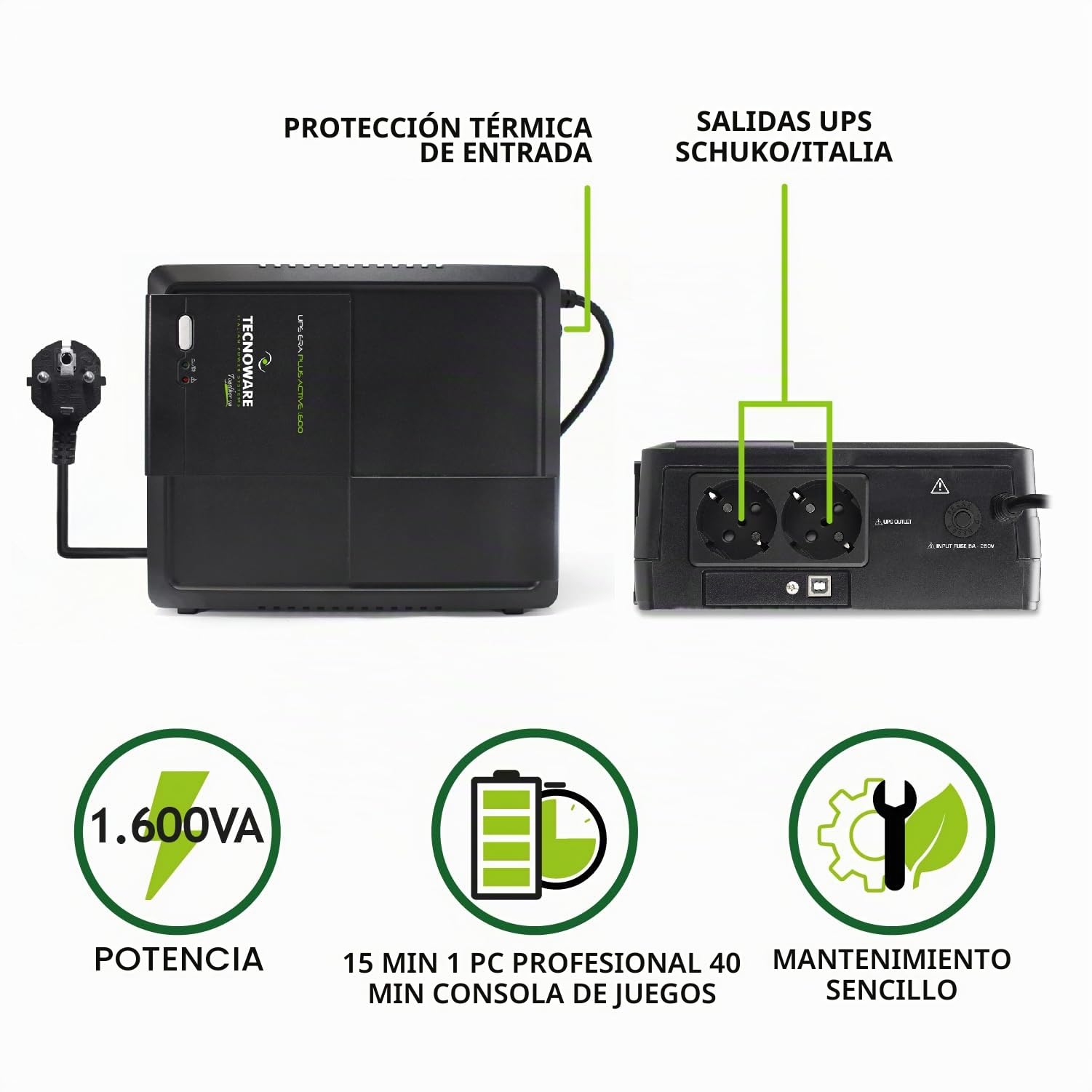 Tecnoware Power Systems - UPS ERA Plus Active 1600, Protección para PC con PFC Activo, Consola Gaming, AVR y USB, Silencioso