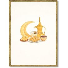 Framed Ramadan Food and Crescent Poster Canvas Print Art Poster Modern Aesthetic Wall Art Painting Pictures Wall Decor Decoration Living Room Dining Room (Gold Framed,12" Lx16 W)