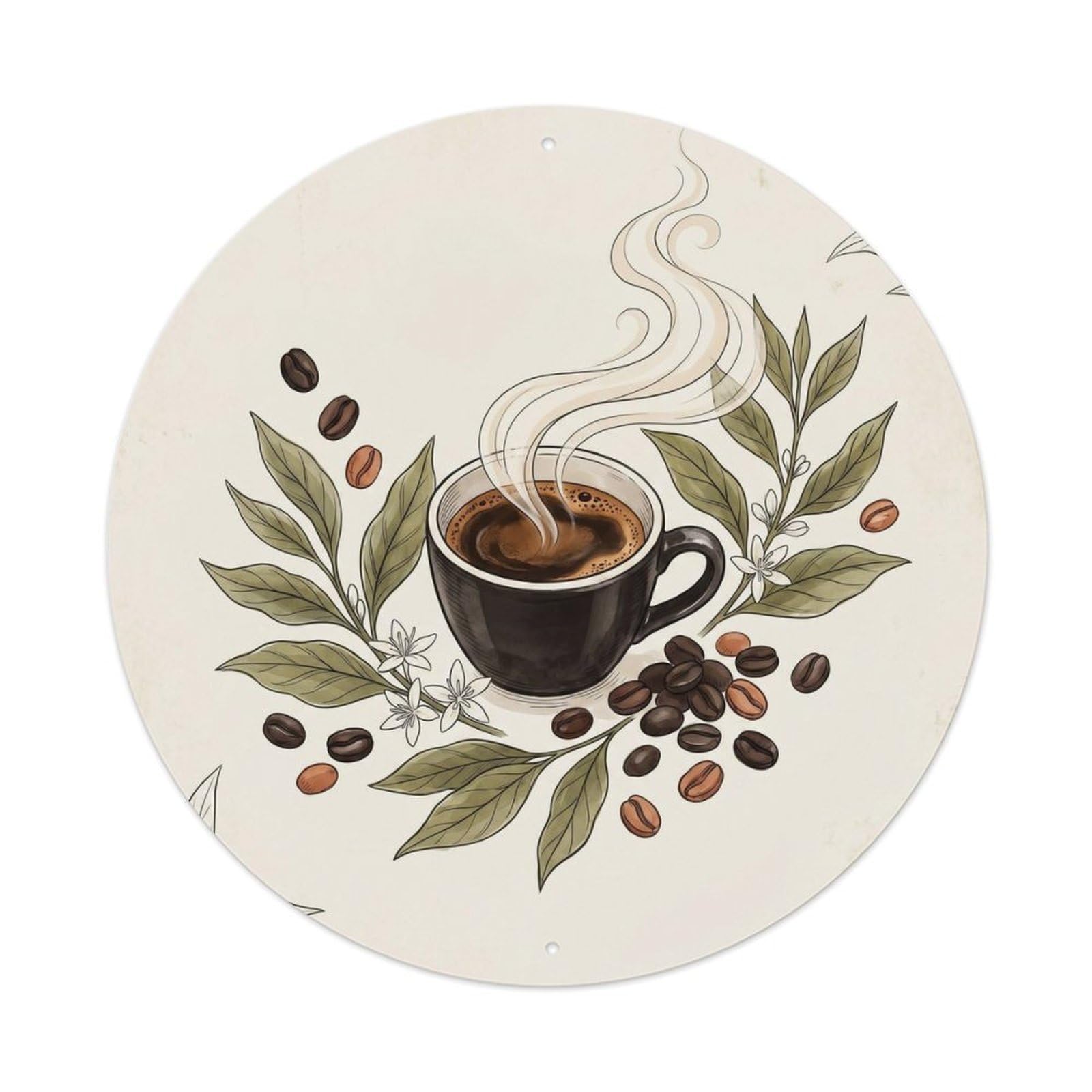 Botanical Espresso Coffee Beans Morning Brew Vintage Metal Tin Sign Plaque Wall Decor for Cafe, Man Cave, Club Bar, Office, Home Garden Round Metal Poster 8x8Inch