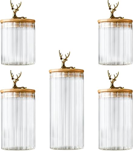 Miniatura 2 de Recipientes de vidrio para almacenamiento de alimentos con tapas herméticas de bambú, paquete de 5 tarros transparentes de almacenamiento de