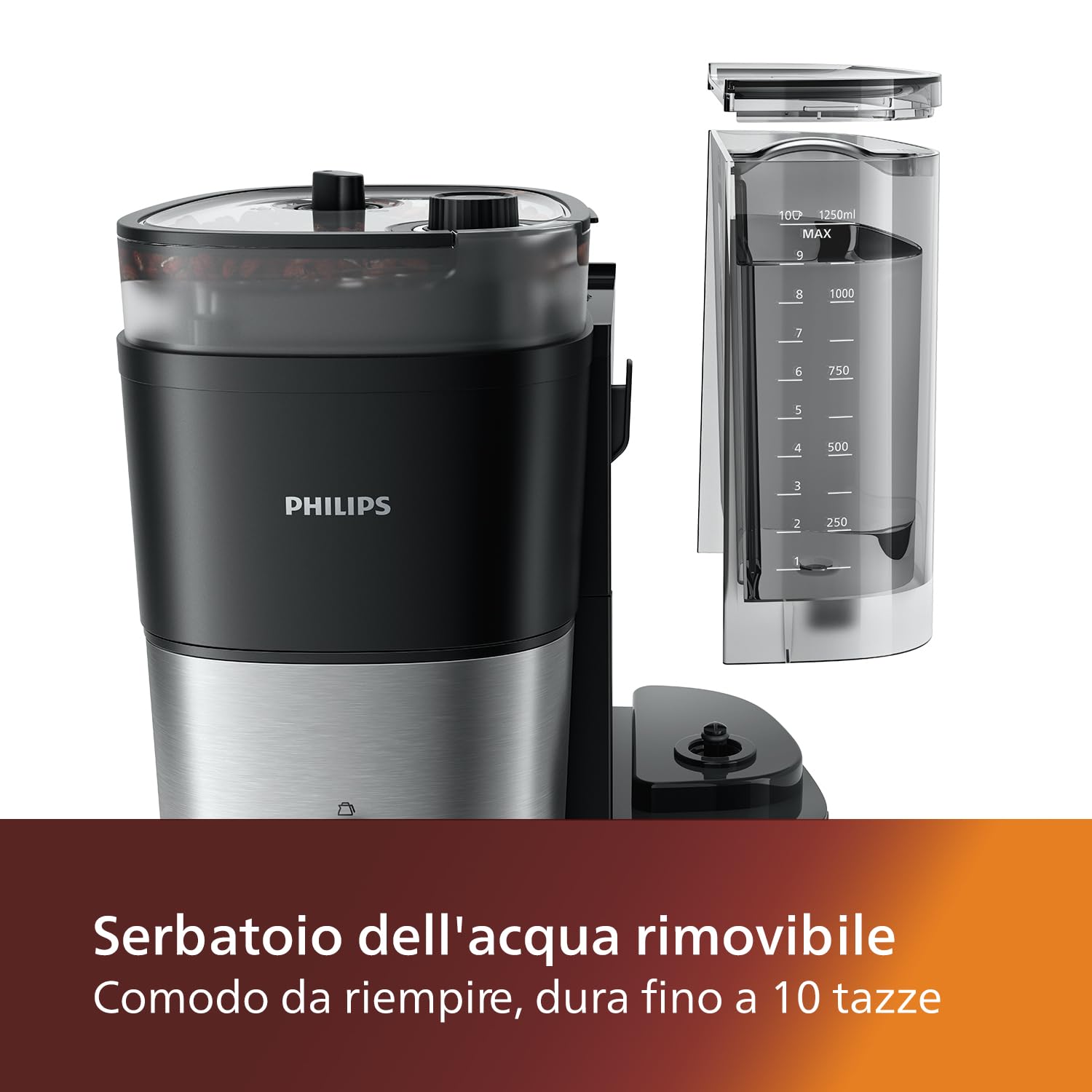 PHILIPS Macchina da Caffè a Filtro All-in-1 - Macinacaffè Conico Integrato per Chicchi Freschi - Prepara in una Caraffa di Vetro da 1,25L o Direttamente in una Tazza (HD7900/50)
