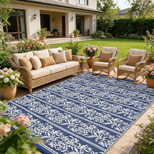GarveeHome Outdoor Rug 9x18 Waterproof for Patio, Reversible Outdoor Plastic Straw Rug, Wallpaper Flower Indoor Outdoor Mat Carpet for RV, Camping, Deck, Backyard, Picnic, NavyWhite