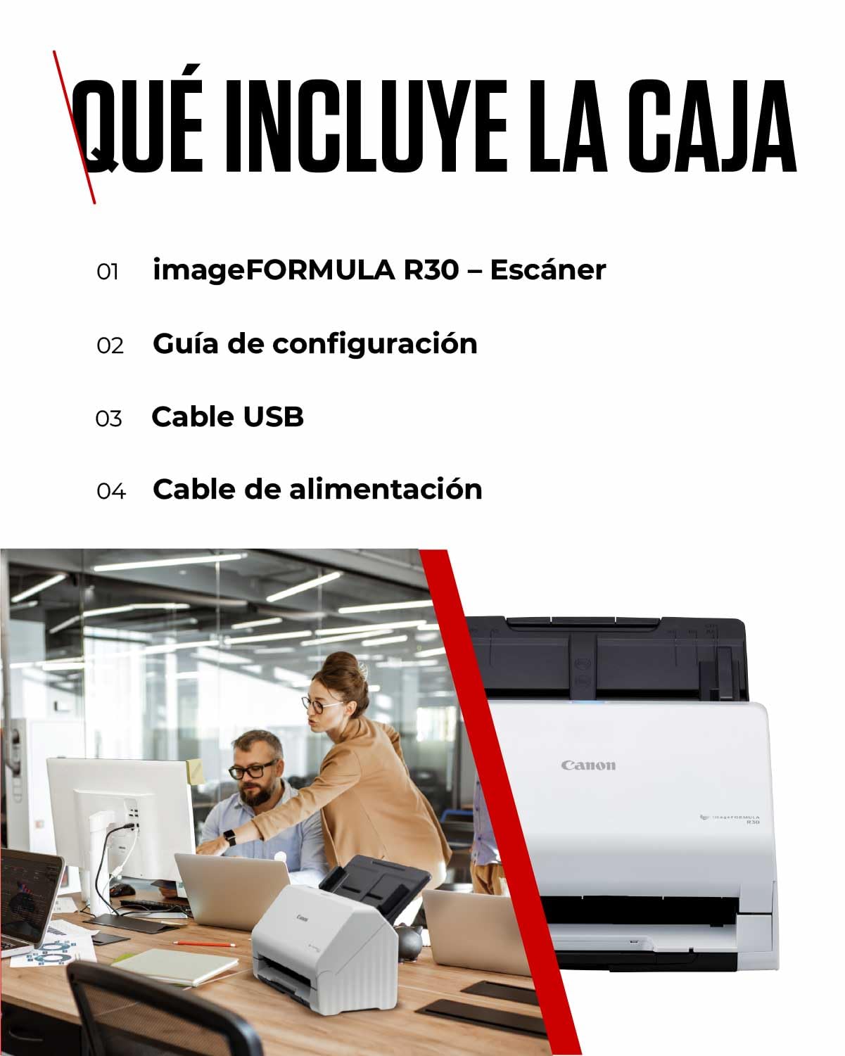 Canon imageFORMULA R30 Escáner de Documentos | Escaneo a Doble Cara con USB en hogar y Oficina | Alimentador de 60 Hojas | Configuración fácil con el Software Canon CaptureOnTouch Lite | Soporta OCR