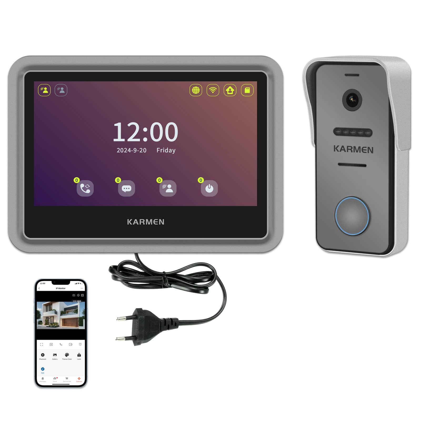 Karmen Visiophone Intelligent Tuya WiFi, écran Tactile de 7 Pouces, Sonnette en Alliage 1080P, Enregistrement de Détection de Mouvement, Prend en Charge AC 100V-240V