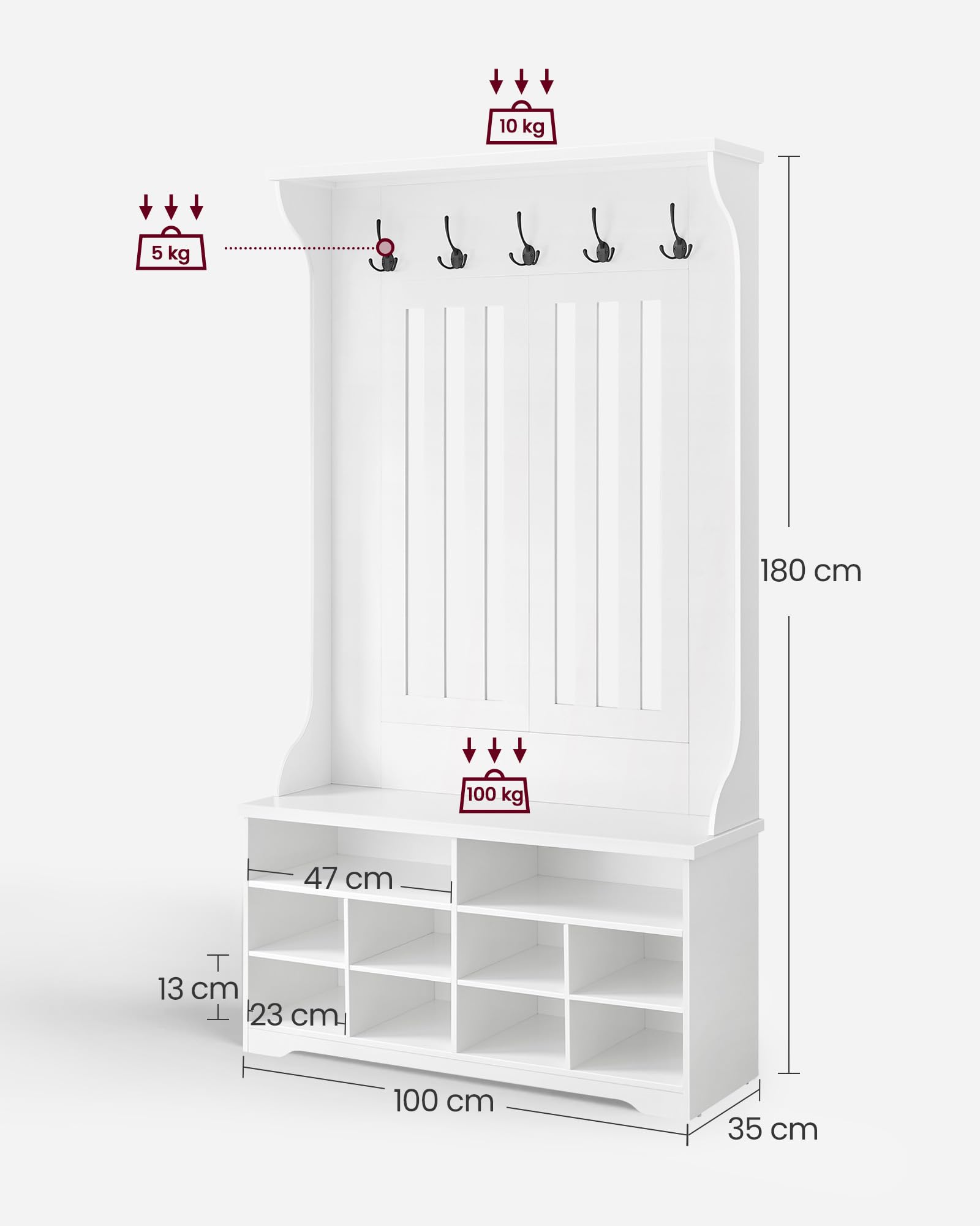 VASAGLE Garderobenständer mit Schuhbank, Garderobe, Schuhaufbewahrung, 5 Dreifach-Haken, freistehend, platzsparend, für Eingangsbereich, Flur, verstellbare Regalebenen, wolkenweiß HSR404T10