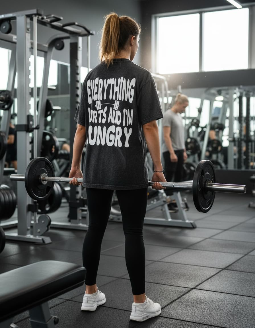Relatable Gym Shirt for Women - Everything Hurts and I'm Hungry Funny Workout Tee - Comfortable Fitness Apparel for Trainin