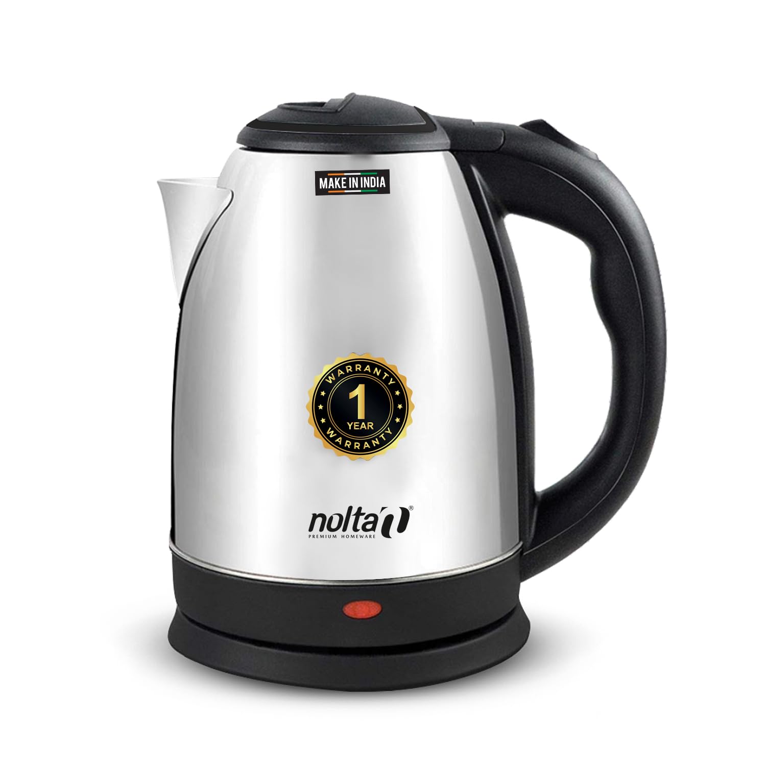 nolta premium electric kettle, vespa 1.8 litre, isi certified, 1350w, stainless steel, boil dry protection, 360 degree cordless, auto cut off (silver)