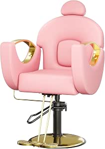 Reclining Barber Salon Chair – 360° Swivel Hydraulic Styling Chair with Heavy Duty Pump, Pink