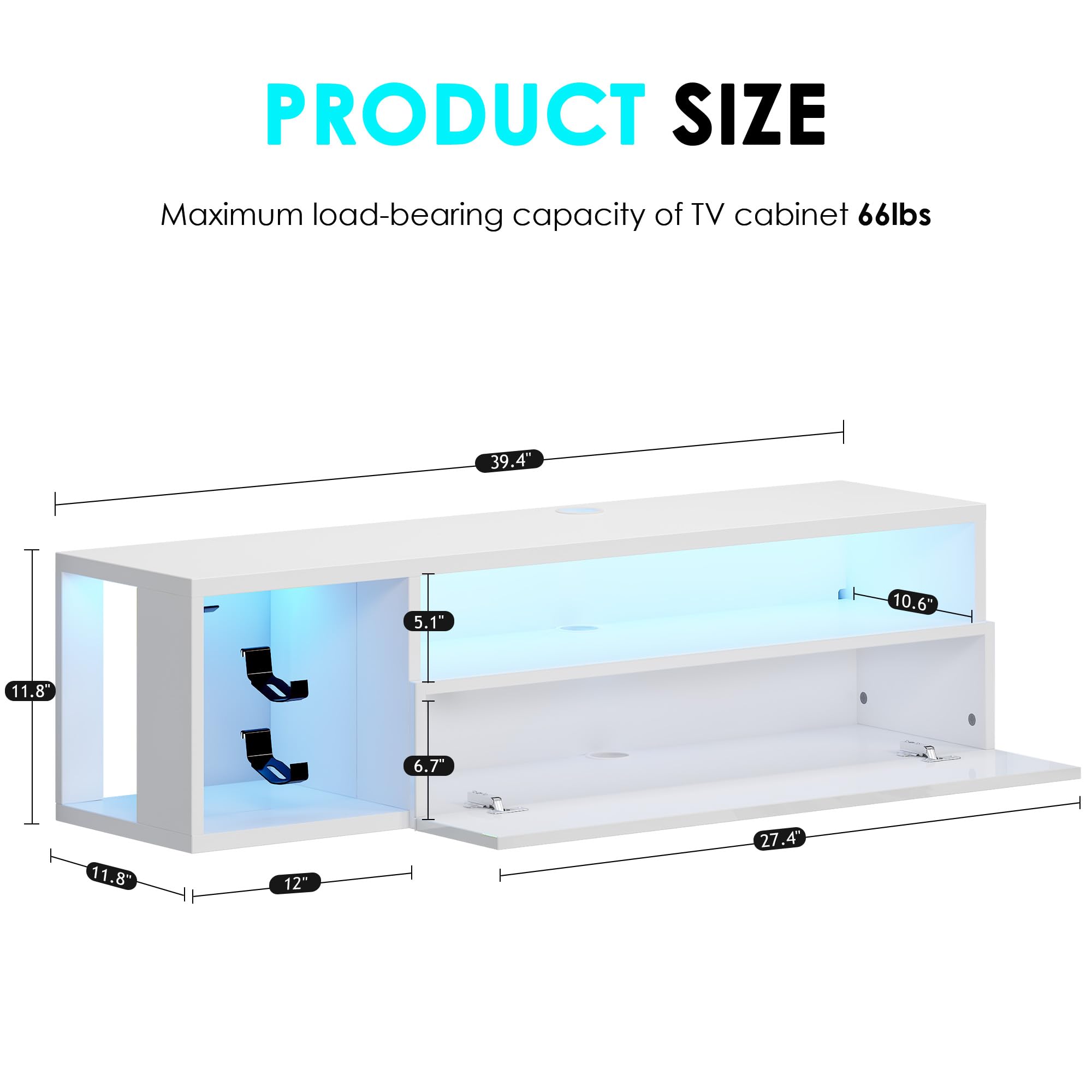 SogesPower LED TV-Konsole wandmontiert mit Beleuchtung LED TV-Ständer mit Aufbewahrung, Schwebendes Regal für Wohnzimmer & Schlafzimmer |Weiß 100x28.5x30 cm