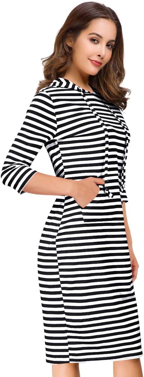 Clearlove 3/4 Sleeve Hoodie Dress for Women With Pockets - Knee Length Pullover Striped Black and White, XL - Image 2