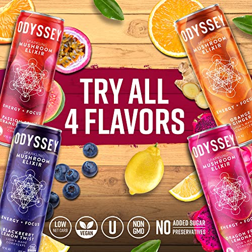 Odyssey Elixir - Sparkling Energy Mushroom Drink - Lions Mane & Cordyceps - Mental Focus & Stress Relief - Mushroom Coffee Alternative - Organic Caffeine - Passion Fruit, Orange, & Guava - 12Oz/12Pk #TOP4