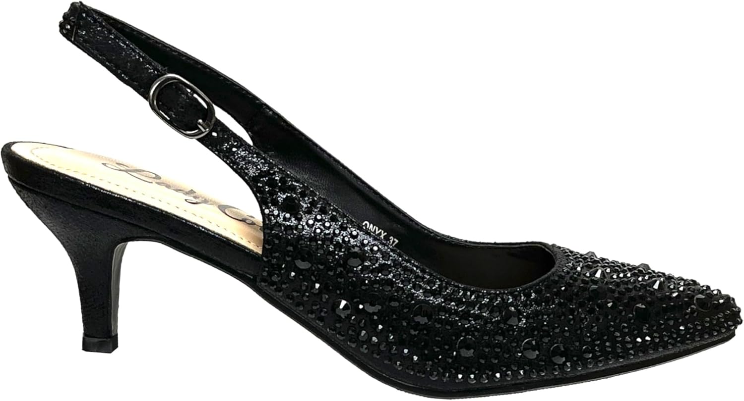 Lady Couture Women’s Sling Back Dressy Shoe | Rhinestone Embellished Pointed Toe Heels | Elegant Party, Wedding & Evening Pumps, Onyx