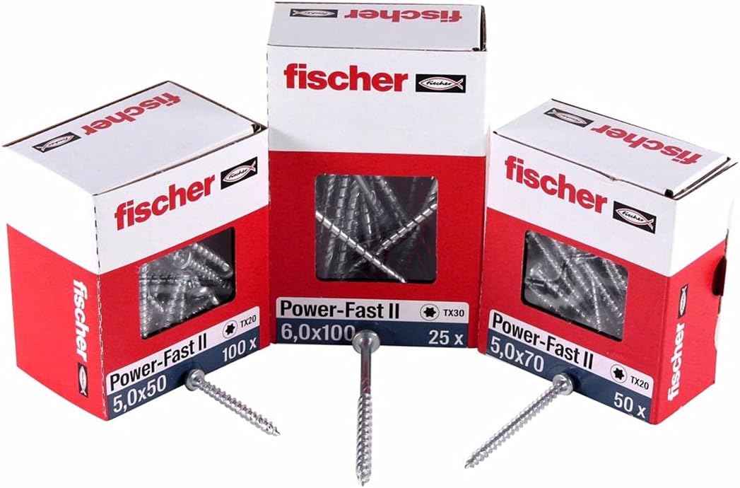 fischer 200 x Chipboard Screws Power-Fast II 3.5 x 35 Pan Head with Inner Star TX Fully Threaded Galvanised Blue Passivated (Item No. 670103)