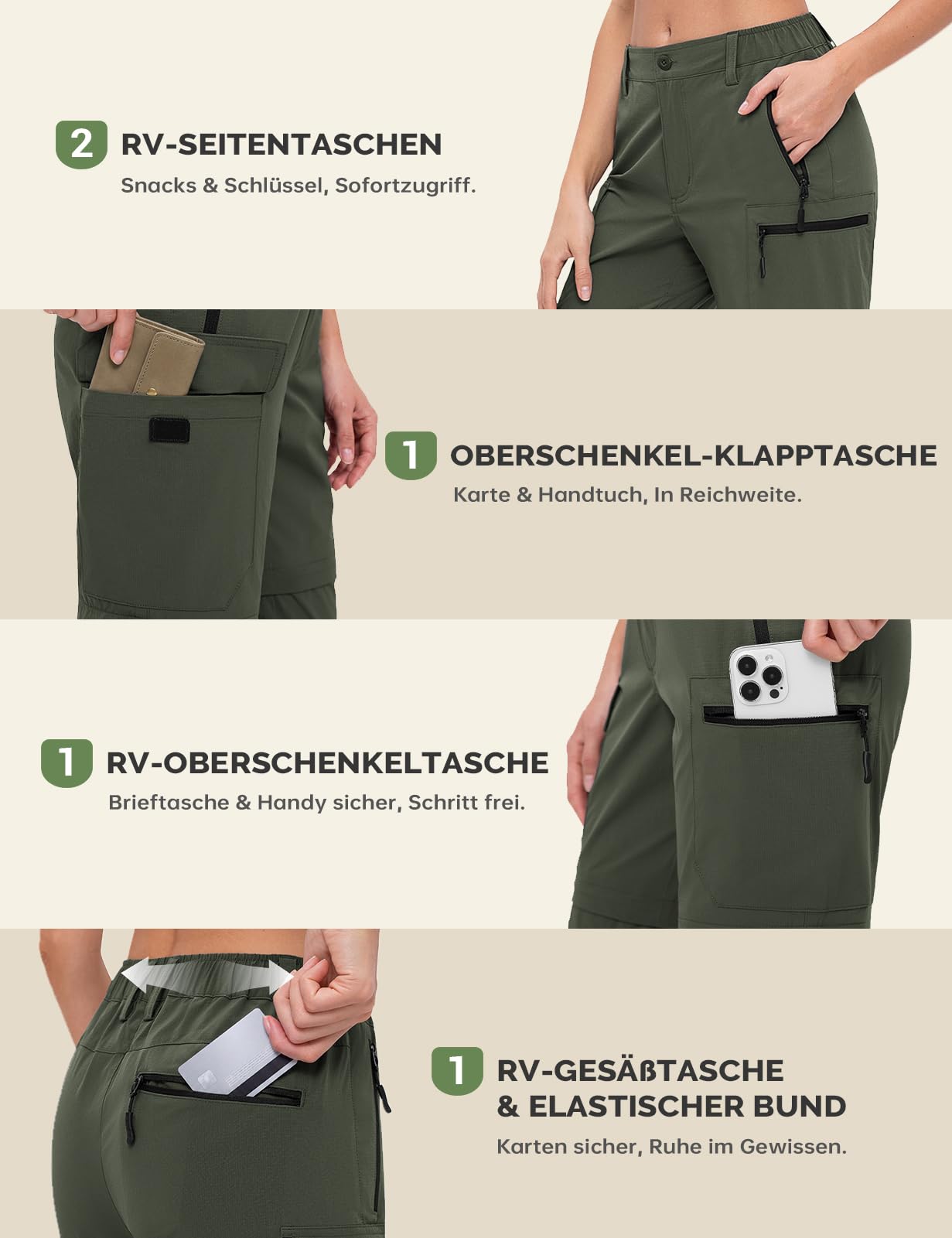 Cycorld Pantaloni Cargo Escursionismo Donna Zip off Impermeabile Pantaloni Passeggiata Leggero Quick Dry Convertibile Stretch Outdoor Casual con 5 Tasche(Verde Militare, L)