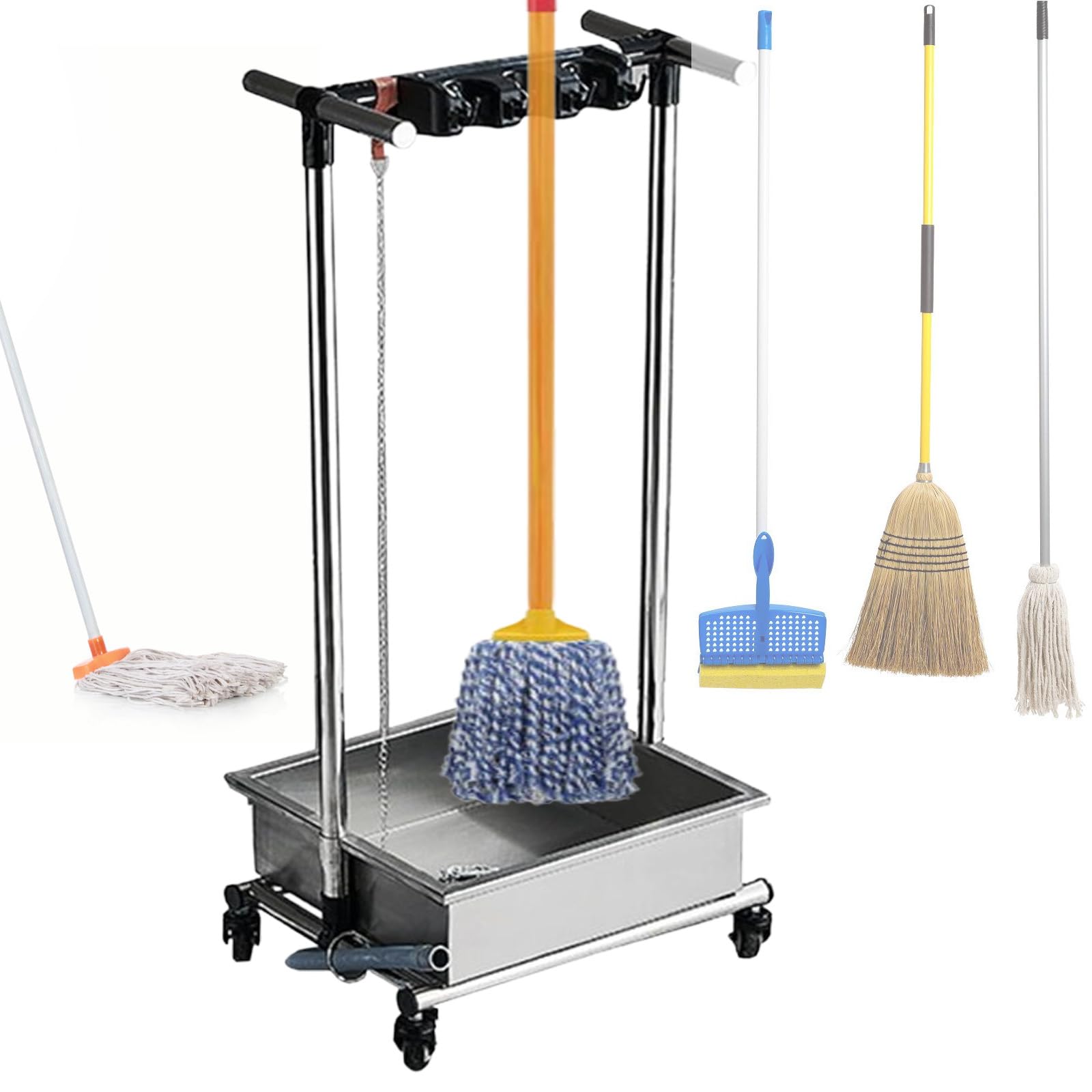 Carrito de limpieza con ruedas de 44 cm con tanque de agua, organizador de suministros de limpieza multifuncional, acero inoxidable, para garaje, jardín, armario, armario