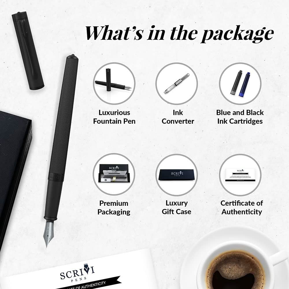 SCRIVI PENS - Zwarte Vulpen | Extra Fijne Penpunt | Vulpennen Set Luxe Navulbare Vulpen met Inktpatronen | Beste Vulpennen voor Glad Schrijven, Schetsen en Kalligrafie