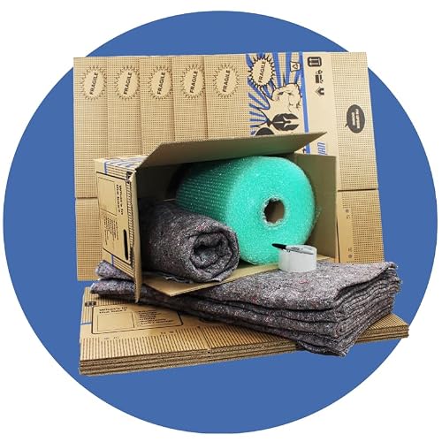 Trojan packaging Moving Kit Contains 10 Strong Packing Boxes 51x29x29cm with room check boxes, 1 Roll of Tape, 25m Green Bio Bubble, 1 Sharpie and 5 moving blankets.