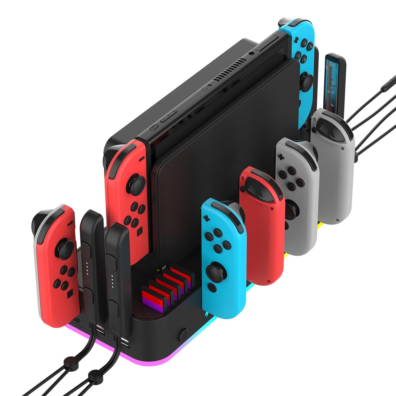 Supporto da parete RGB per Nintendo Switch con 15 modalità di illuminazione, 4 caricabatterie per controller e 2 porte USB, organizer per schede di gioco, supporto per console ABS