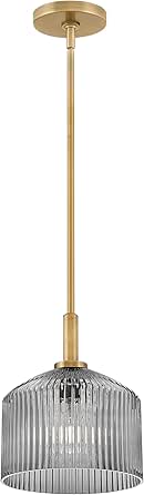 Lark Lisette Small Pendant Light, Smoked Ribbed Glass Shade, Retro Style, Vintage Glassware, Lacquered Brass Finish