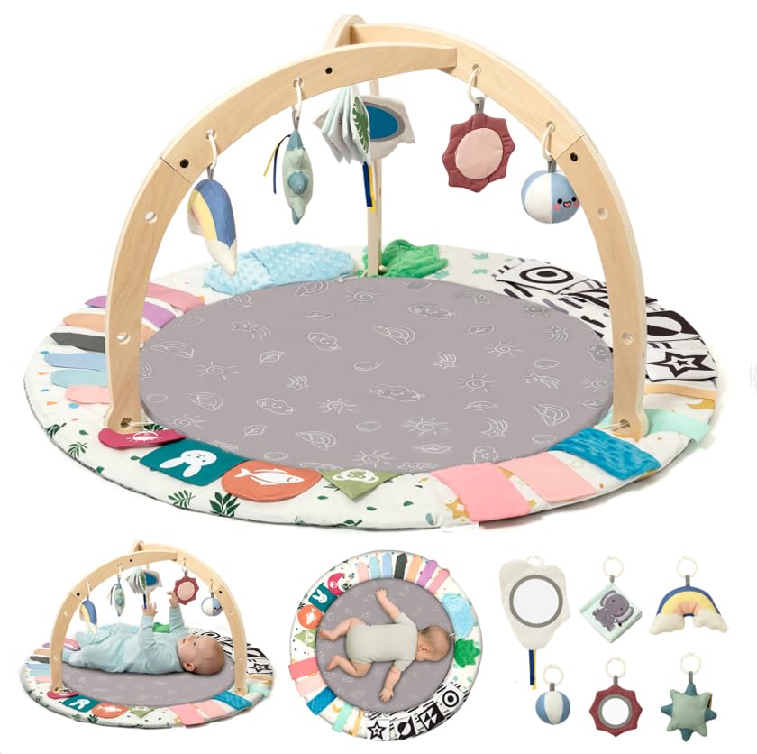 Baby Play Gym Mat with Tummy Time Activity for Newborn Girls and Boys, Non-Slip Floor Mat Includes 6 Detachable Toys for Sensory Development, Machine Washable, Essential Gift (Grey)