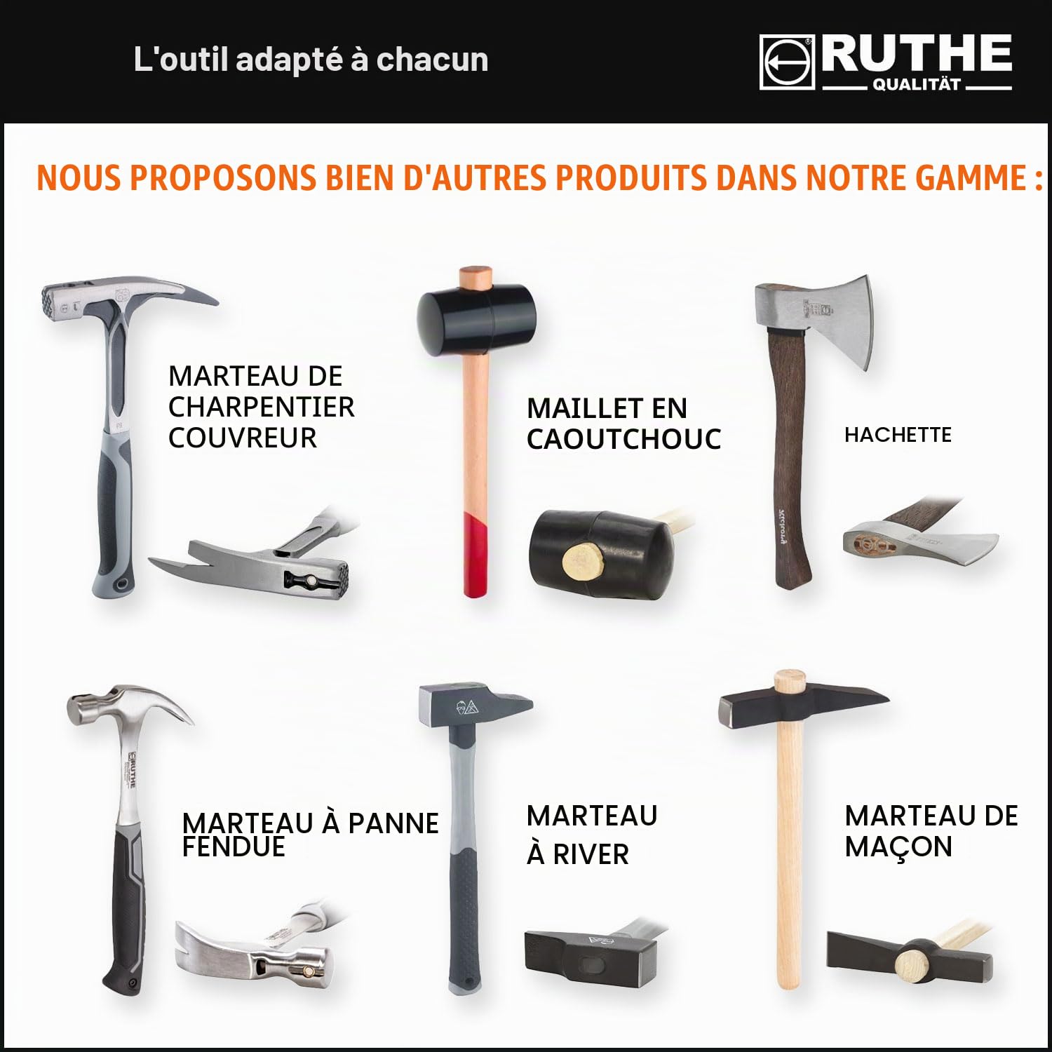 RUTHE marteau de maçon frêne, forme berlinoise, no. 3020059119, 2.000 gr. | Outil maçon professionnel | Marteau robuste avec manche en frêne | Marteau de pavage pour maçons et tailleurs de pierre