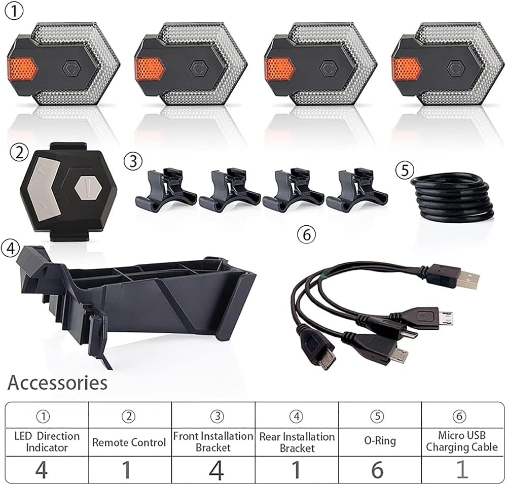 Diagram showing all accessories included with the NITEBEAM CarryBright CBX4: LED Direction Indicators, Remote Control, Front Installation Brackets, Rear Installation Bracket, O-Rings, and Micro USB Charging Cable.
