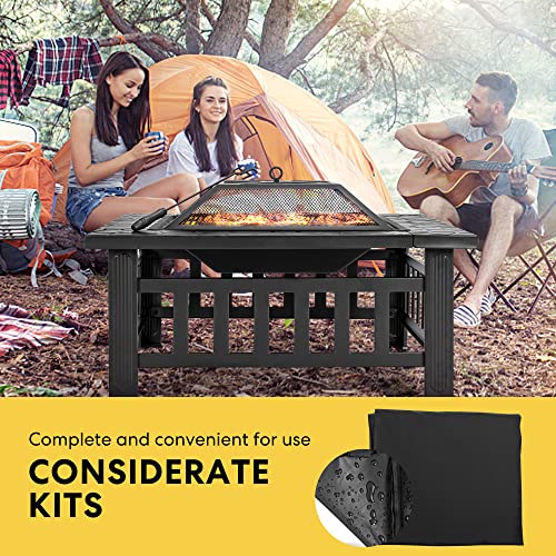 Vivohome 32 Inch Heavy Duty 3 In 1 Metal Square Patio Firepit Table Bbq Garden Stove With Spark Screen Cover Log Grate And Poker For Outside Wood Burning And Drink Cooling #TOP3