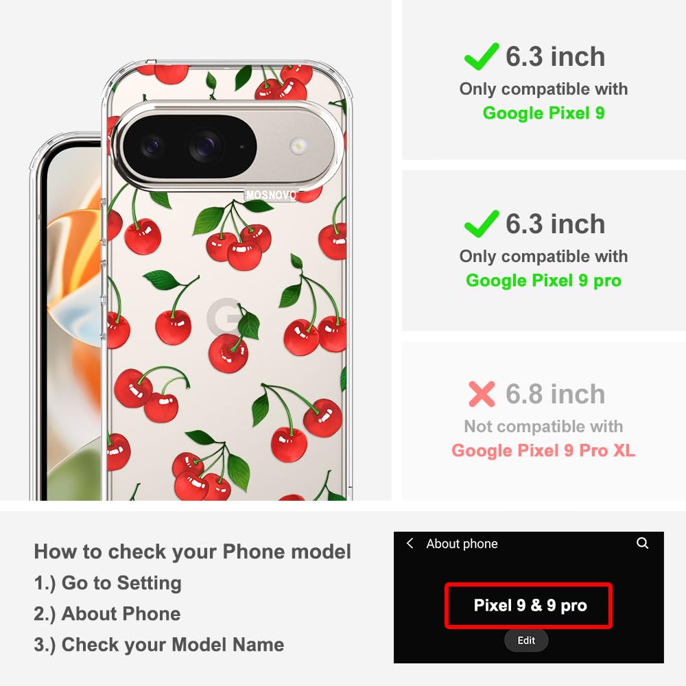 MOSNOVO Case for Google Pixel 10 & Pixel 10 Pro, [Buffertech 6.6ft Military-Grade Drop Protection] [Anti Peel Off Tech] Clear TPU Bumper Phone Case Cover Design - Cute Cherry — view 408