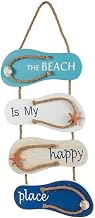 Juvale Wooden Flip Flop Beach Decor Sign - 8.7 x 20.9 in, Blue/White/Beige Coastal Wood - Nautical Decor with Seashells & Rope Hanger - Indoor/Outdoor Wall Accent for Bathroom, Bedroom & Living Room