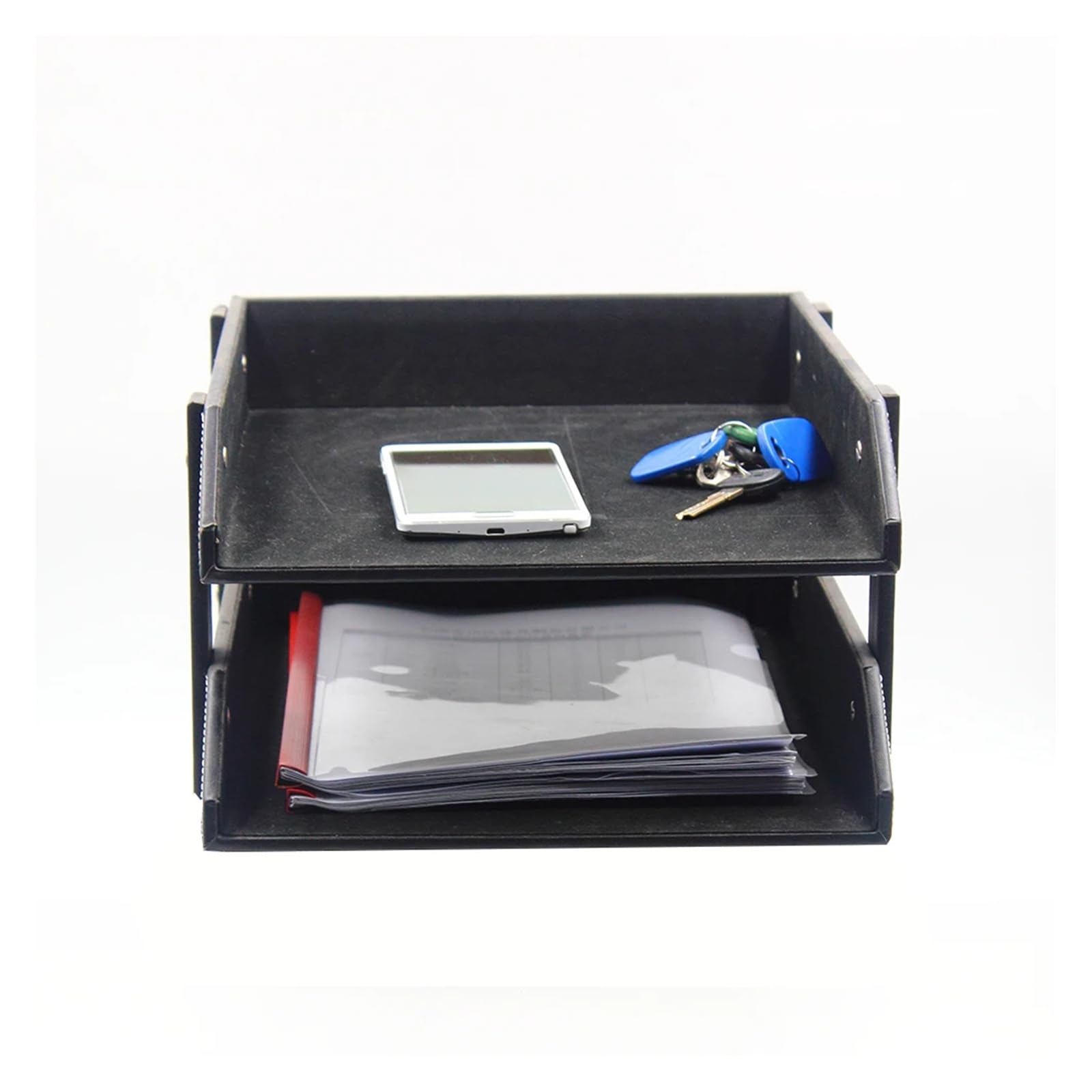 Estante for bandeja de archivos documentos A4: organizador escritorio doble capa con detalles en cuero for uso oficina(Black)