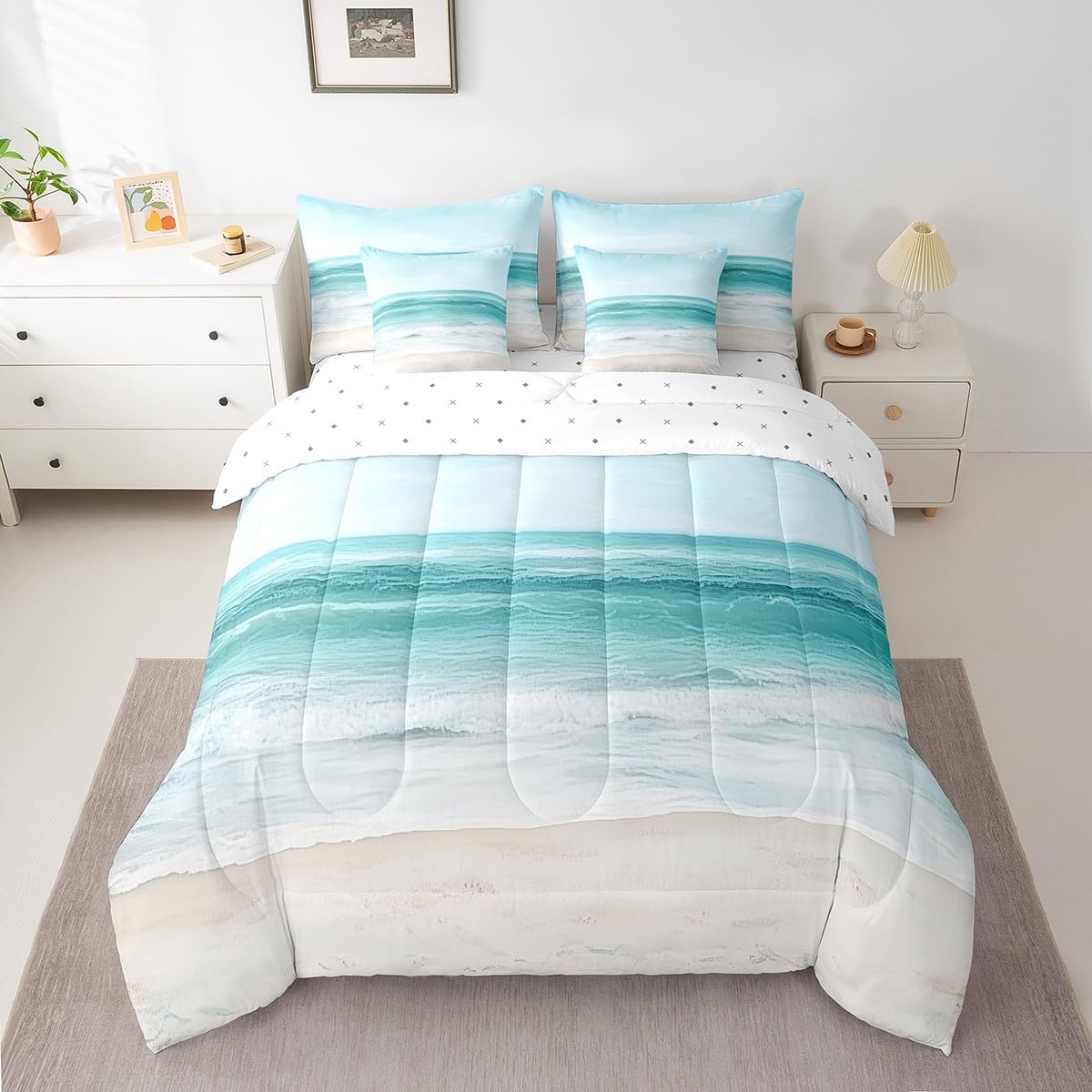 jejeloiu Ocean Comforter Set with Sheets Full Size Kids Beach Theme 7 Pieces Bedding Set for Boys Girls Teens Coastal Nautical Bed in a Bag Breathable Starfish Seashell Conch Bed Set Hawaiian Beach