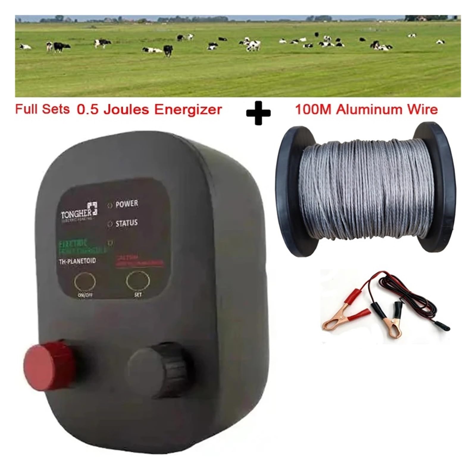Pastor Electrico, Cerca eléctrica 2 en 1 de 0,5 Julios con energizador y 100 m de Alambre de aleación de Aluminio de 7 Hilos for Control de pastoreo eléctrico de Animales de Granja.