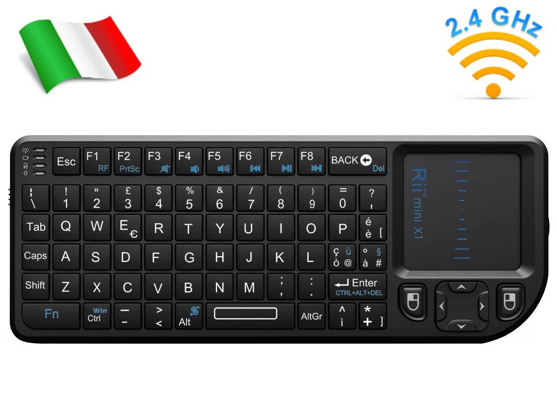 Rii Mini X1 Wireless (layout ITALIANO) - tastiera con mouse touchpad per Smart TV, Mini PC, HTPC, Console, Computer