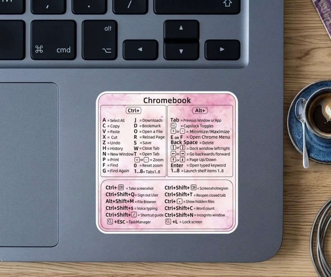 MAKTEM Shortcut Sticker Guide for Chromebook Laptops - Pink Blush Watercolor - Vinyl Keyboard Reference Decal (Pink Blush Pattern)