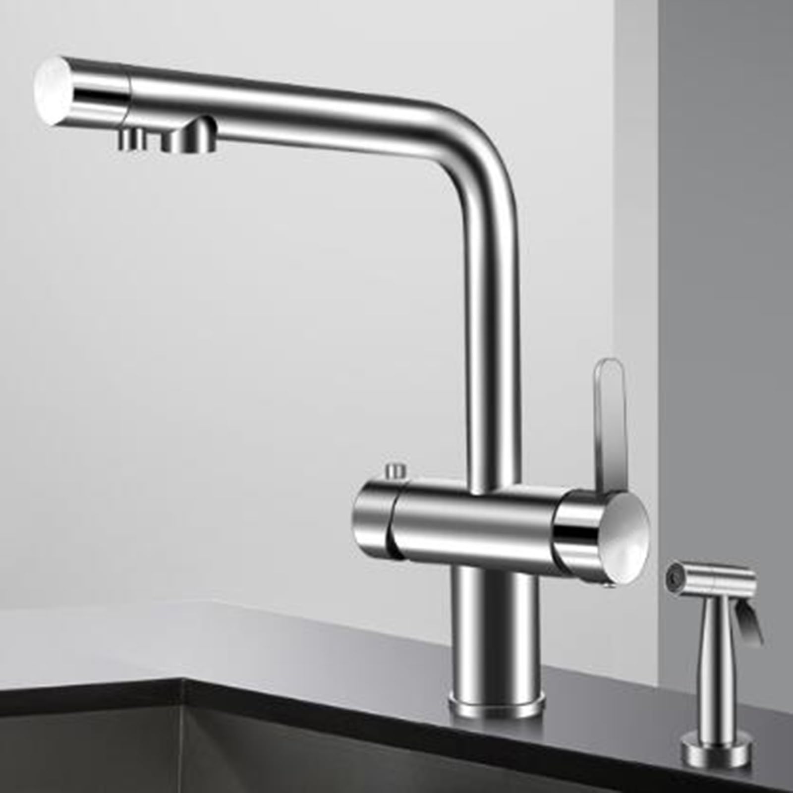 Rubinetto da Cucina a 3 Vie, Rubinetto da Cucina Rubinetto da Cucina con doccetta Retrattile Miscelatore da Cucina Girevole a 360° in Ottone a 3 Vie, Grigio+Oro Rosa