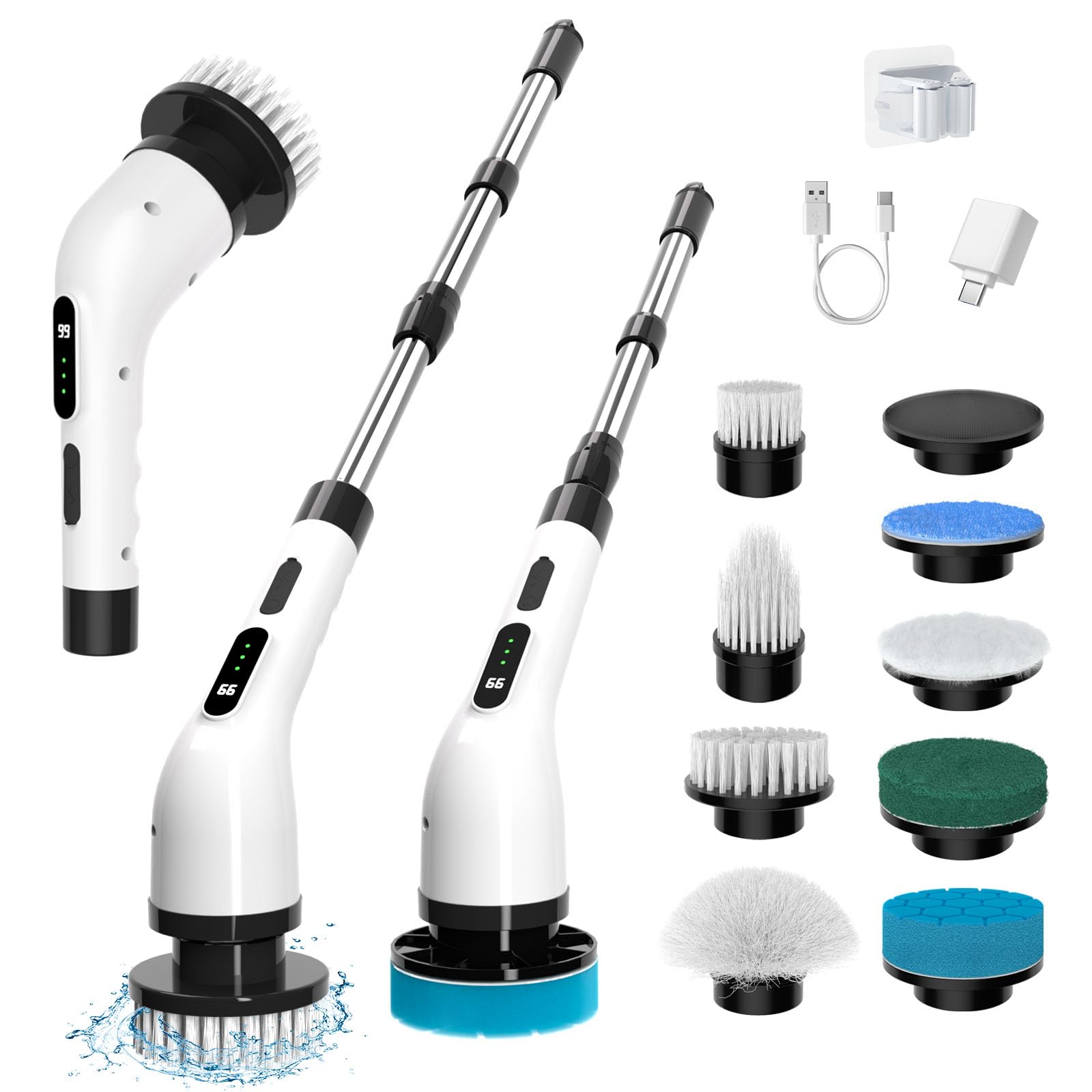 Electric Spin Scrubber for Cleaning 9 in 1 Changeable Bathroom Scrubber with Power Display Long Cordless Cleaning Brush