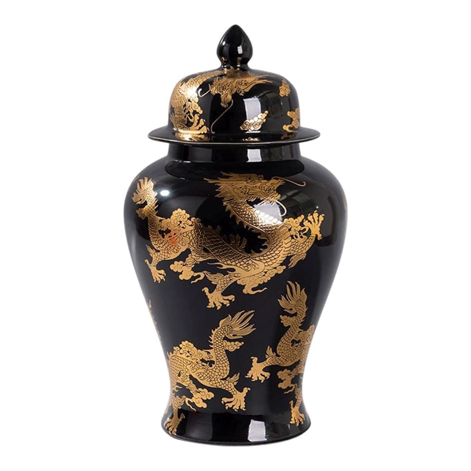Ceramic Temple Jar Vase Chinese Tradition Ginger Jar Vases with Lid and Gold Dragon Pattern, Porcelain Jar Large Storage Jar(37CM)