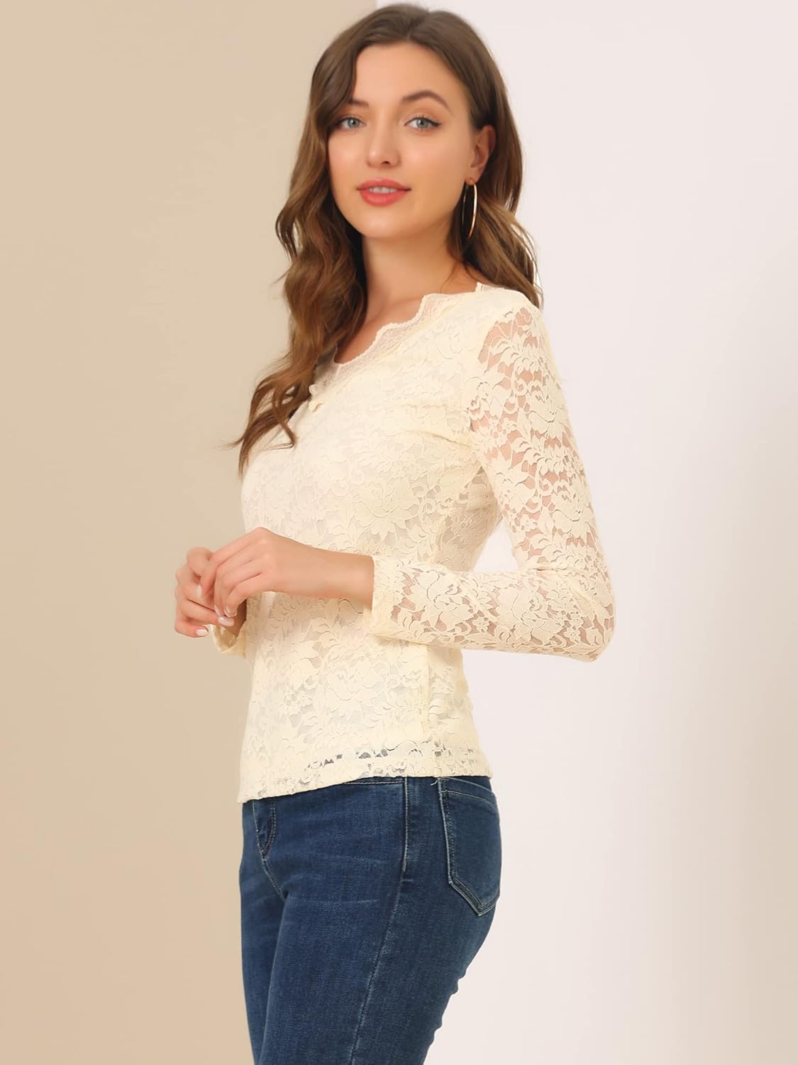 Allegra K Women's Floral Embroidery Sheer Long Sleeves Lace Blouse Top - Image 2