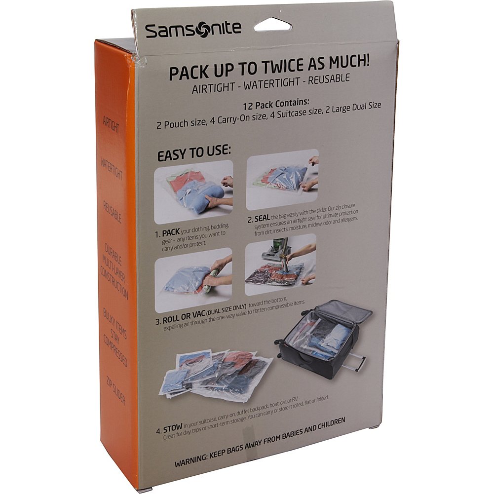 Samsonite Compression Packing Bags, Clear, 12Piece Kit (2Pouch/4CarryOn/4Large/2XLarge