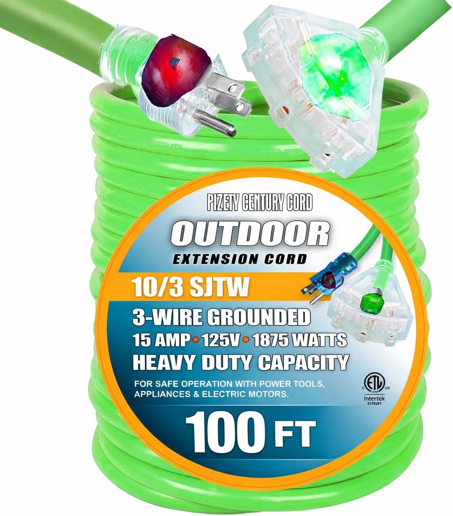 10/3 Contractor Grade 25 ft 10 Gauge Power Extension Cord Indoor Outdoor 10/3 Plug Triple Tap Extension Cord with Lighted Ends Heavy Duty Extension Cord 25 ft Triple Tap Extension Cord Green