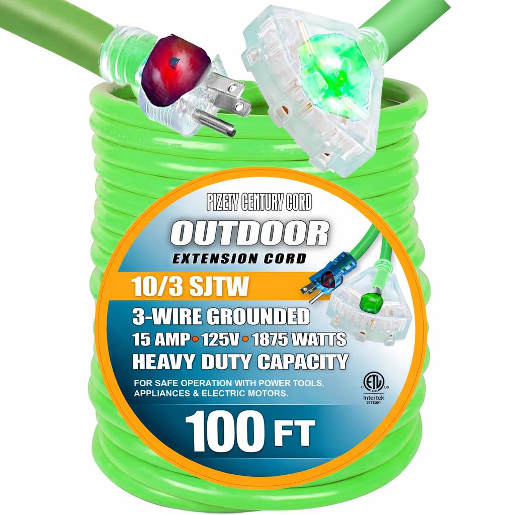 pizety 10 Gauge Extension Cord 100 ft Triple Outlet Green